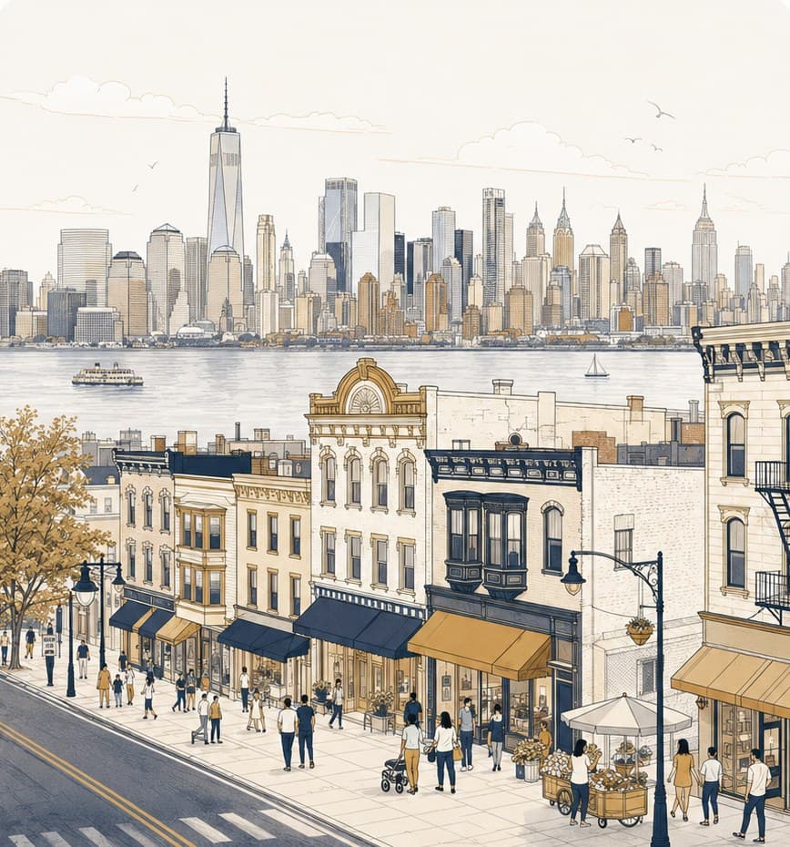 Illustrated view of West New York, NJ storefronts along the waterfront with the Manhattan skyline in the background
